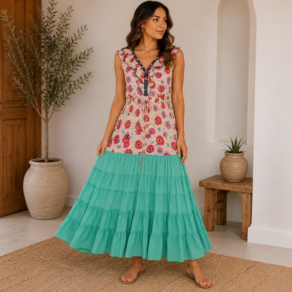 Johnny Was Maxi Dress Floral Silk Tiered Ruffle Boho Size S